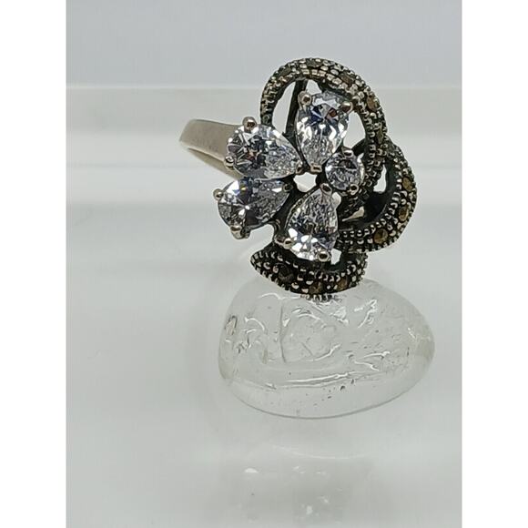 1990's Vintage Antique-Style Marcasite Sterling Silver Diamond CZ Size Ring 8.5 - Picture 3 of 9